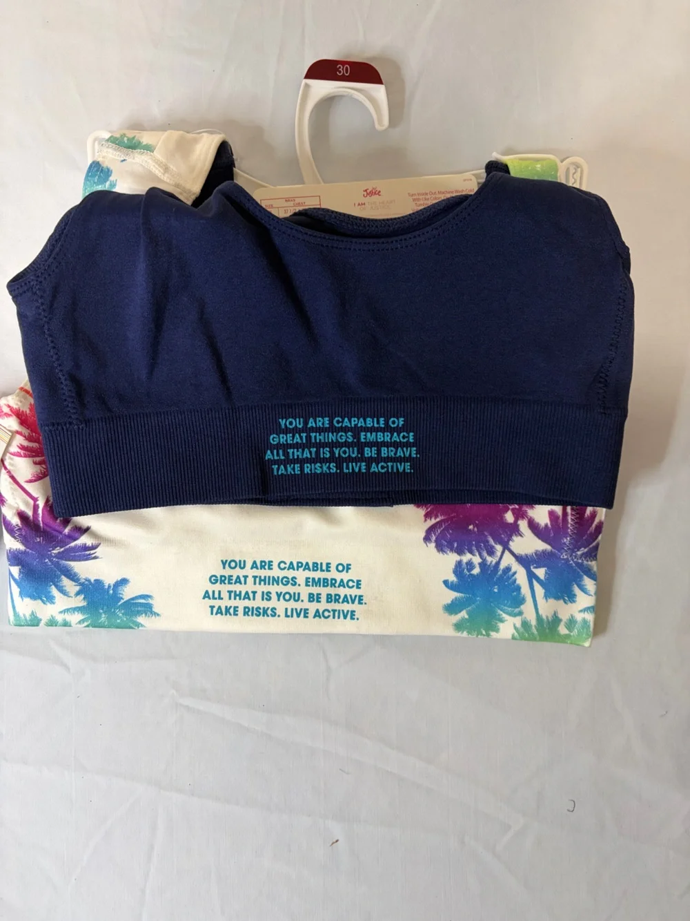 Justice Palm-Print Sports Bra White with Multicolor Blue Size 30 Padded